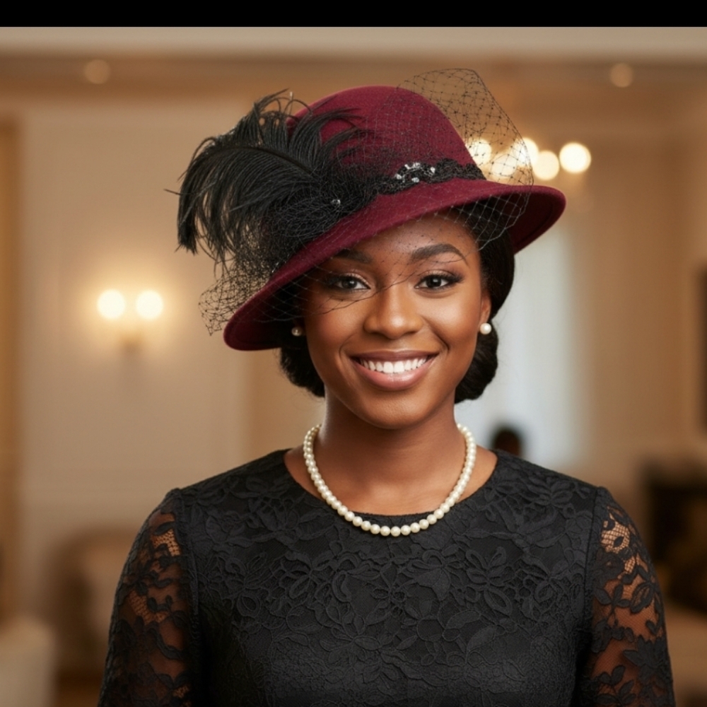 Burgundy Felt Dress Hat with Black Feather, Netting & Sequins Church Easter